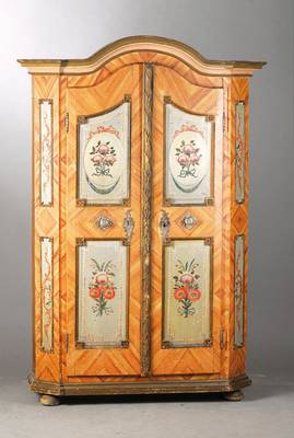 Bauernschrank, süddeutsch, Alpenländisch, um 1810/20, Weichholz gefaßt, 2-türig, mit dem Kamm gezogene Farbe imitiert auf Kreuzfuge verlegtes ...
