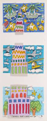 James Rizzi, 1950-2011, 3D-Lithographie, Things are looking up, signiert und nummeriert 14/350, je ca. 5,5x8 cm, unter Glas gerahmt, mit Zertifikat ...