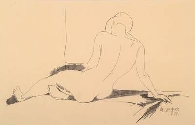 Michel Wagner, 1893-1965, Rückenakt mit aufgestütztem Arm, Bleistift auf Papier, rechts unten signiert und datiert 28, ca. 24x38cm, u.Gl., R., ...