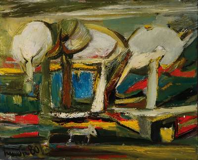 Unbekannter zeitgenössischer Künstler aus Armenien, Abstrakte Landschaft, Öl/Lwd, links unten unleserlich signiert und datiert 80, ca. 57x70cm, ...