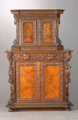 Kabinettschrank, wohl Belgien, um 1880-1890,im Renaissance-Stil, auf Rahmen gearbeitet, Rahmen: Eiche massiv, Wurzelnussfurnier, z.T. gespiegelt ...