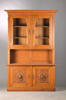 Vitrinenaufsatzschrank, Niederrhein, um 1880 , Gründerzeit, Eiche massiv, aufgesetzte Löwenköpfe, Rocaillenverzierung, Bronzebeschläge, orig. ...