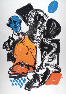 Markus Lüpertz, geb. 1941, international bekannter Künstler der Moderne, hier: Jazz Rally, Farbserigraphie, handsigniert, Blatt mit Knicken, ca. ...