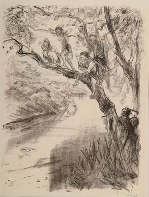 Max Slevogt, 1868-1932, Lithographie, aus dem Lederstrumpf Zyklus, signiert, Motiv ca. 35x26,5 cm, PP, unter Glas gerahmt, Knicke