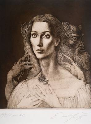 Ernst Fuchs, 1930-2015, Porträt einer jungen Frau mit Rose, Radierung, signiert und nummeriert 197/200 HC, Platte ca. 37,5x32 cm, PP, Gesamt ca. ...