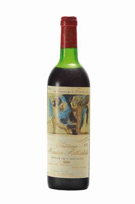 1 Flasche 1973 Mouton Rothschild, Pauillac, Premier Cru Classe, Künstleretikett:Pablo Picasso-Bacchanale, Mousee de Mouton, upper mid shoulder, ca. ...