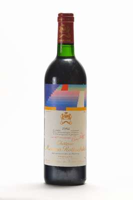 1 Flasche 1984 Mouton Rothschild, Pauillac,Premier Cru Classe, Künstleretikett: Agam, ca.75 cl, ca. top shoulder, CellarTracker 89/100 Punkte, ...