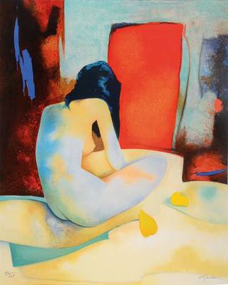 Cloud Gaveau, geb. 1940, Französischer Maler und Grafiker, Studium in Paris an der Akademie des Beaux Arts, hier: sitzender weiblicher Akt, ...