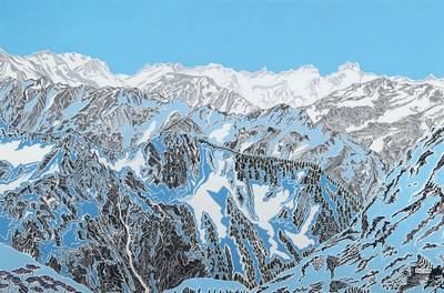 Sabine Pohl, geb. 1953, Pfälzische Künstlerin, Schülerin von Bernd Klimmer u. Alvaro Custagnet, hier: Faszination der Berge, Acryl/Papier, rechts ...