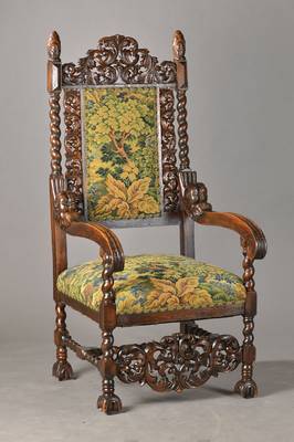 Historismus-Sessel, deutsch, um 1870/80, nach Frühbarock-Vorbild, Eiche massiv, dunkel gebeizt, Ebenholz imitierend, reich gedrechselte, ...