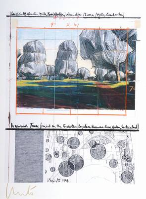 Christo, geb. 1935, Konvolut aus drei Grafiken, Wrapped Trees / The Wall / The Umbrellas, je handsigniert, ca. 40x30,5 cm / 14,5x10,5 cm / 33x26,5 ...