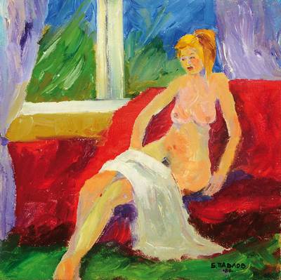 Boris Pavlov, 1928-2005, Der Akt auf Sofa, Öl/Leinwand auf Karton gezogen, rechts unten signiert und datiert 80, rückseitig kyrillisch bezeichnet, ...