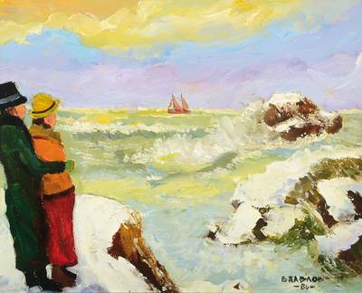 Boris Pavlov, 1928-2005, Winterspaziergang an der Atlantikküste der Bretagne - Nähe Brest, Öl/Leinwand auf Karton gezogen, rechts unten signiert ...