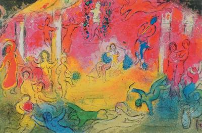 Marc Chagall, 1887-1985, Konvolut aus vier Farblithographien, aus: Daphnis und Chloe, "Tempel und Geschichte des Bachus", "Dorkons ...