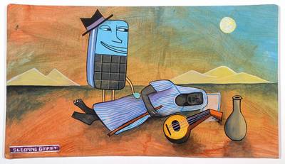 Jim Avignon, geb. 1966, Sleeping Gipsy, Mischtechnik auf Papier, ca. 22x39cm, unter Glas, Rahmen