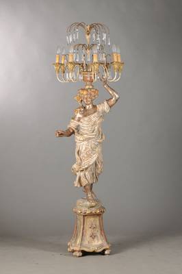 Ausgefallener Standleuchter, Frühes 20.Jh. Holz geschnitzt und bunt gefaßt, Baldachinartiger Glasbehang geschliffen, 8 Brennstellen, ...