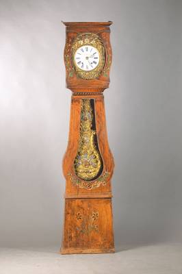 Standuhr, Frankreich um 1880, floral bemaltes Holzgehäuse, Füsse abgenommen, spannungsrissig, sek. gelackt, unsicherer Stand, Deckel lose, Comtoise ...