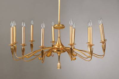 Deckenlampe, deutsch, um 1965, 12 Brennstellen, diese paarig angeordnet, Akkanthusblattanspielung, Bronze vergoldet, schwere Qualität, ...