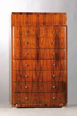 Schubladenkommode, sog. Chiffoniere, im Art-Deco-Stil, Frankreich, 80er Jahre, Palisanderfurnier doppelt gespiegelt verlegt, 8 schübig, 0verchromte ...
