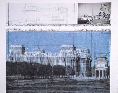Christo, geb. 1935, Wrapped Reichstag, Project for Berlin, Farboffset, Schumacher Edition Fils, Düsseldorf, signiert, Blattgr. ca. 70x80 cm, teilw. ...