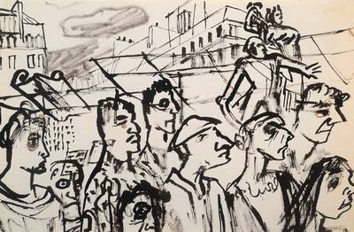 Karl Hubbuch, 1891-1979, Tusche/Tinte Bleistiftzeichnung, rechts oben Signaturstempel verblasst, ca. 22.5x34 cm, unter Glas gerahmt