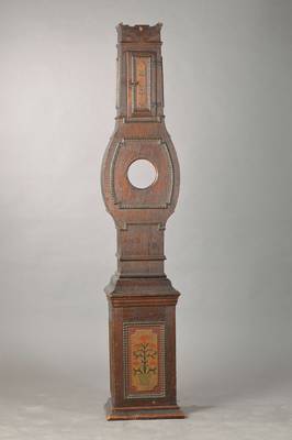 Unterteil eines Standuhrgehäuses, wohl Vogelsberg/Hessen um 1830, Eiche, mittig gebaucht, in den Feldern mit einfacher Bauernmalerei, profiliert, ...