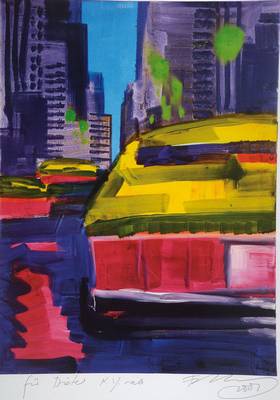 Rainer Fetting, geb. 1949, N.Y. cab, Farblithographie, handsigniert und datiert 2001, mit Widmung, Motiv ca. 71x53 cm, Blattgr. ca. 86x65,5 cm, unter ...