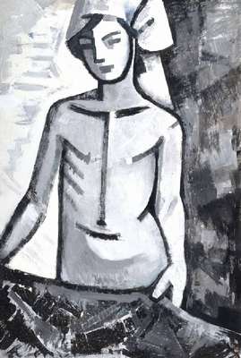 Unbekannter wohl Russischer Künstler, stehende Frau mit Kopftuch, Mischtechnik/Papier auf Karton, ca. 110x75 cm, aufwendiger Rahmen