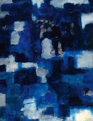 Lucien Sotto, zeitgenössischer Belgischer Künstler, Abstrakte Komposition, Blau- Schwarz, Öl/Holz, links unten signiert, ca. 100x75 cm, Rahmen