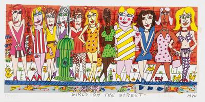 James Rizzi, 1950-2011, 3D Lithographie, Girls on the Street, signiert und nummeriert 216/350, 1990, Motiv ca. 11x23,5 cm, PP, unter Glas gerahmt, ...