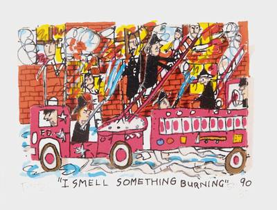 James Rizzi, 1950-2011, 3D Lithographie, I smell something burning, signiert und nummeriert 54/350, Motiv ca. 5x7,5 cm, PP, unter Glas gerahmt, Blatt ...