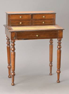 Miniatur Schreibtisch, sog. Bonheur de Jour, Frankreich, Spätes 19.Jahrhundert, Palisander massiv, wohl Puppenmöbel, Zargenschub, Aufsatz mit 4 ...
