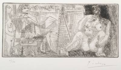 Pablo Picasso, 1881-1973, Radierung, Der Maler und sein Modell, signiert und nummeriert 16/50, WVZ Bloch Nr. 1139, Platte ca. 11.5x23.5 cm, unter ...