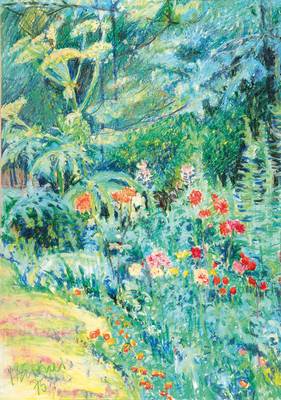 Unbekannter zeitgenössischer Meister, Blühender Garten, Pastell/Papier, links unten unleserlich signiert und datiert 1975, PP, ca. 68,5x48,5 cm, ...
