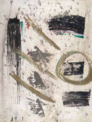 Unbekannter Russischer Künstler, Moderne Komposition in Grau und Schwarz, Öl/Lwd, monogrammiert und datiert 1969, ca. 90x70 cm, Rahmen, besch. mit ...