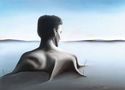 Stefan Rihm, zeitgenössischer Künstler, Freiheit, Gouache/Pastellkreide, qualitätvoller Postsurrealismus mit akzentuierter Stimmungssphäre im ...