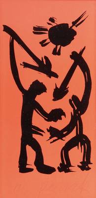 A.R. Penck, geb. 1939, Siebdruck auf rotem Papier, handsigniert, ca. 19.5x9.5cm, PP, unter Glas gerahmt