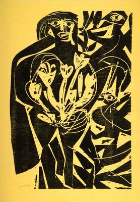 HAP Grieshaber, 1909-1981, Schwarze Figur mit Tulpen, Holzschnitt auf grün-gelbem Reispapier, signiert und nummeriert 85/100, WVZ Hatje Band 1, Nr. ...