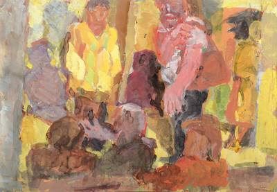 Johannes Müller, 1935 Rostock - 2012, Aquarell, Die Theaterprobe, signiert und bezeichnet, datiert 75, PP, ca. 40,5x58,5 cm, unter Glas gerahmt