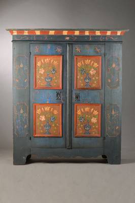 Bauernschrank, alpenländisch, dat. 1816, Weichholz bemalt, 2-türig, Seitenstollenkonstruktion, stilisierte aufgemalte Ornamente, 4-fache ...