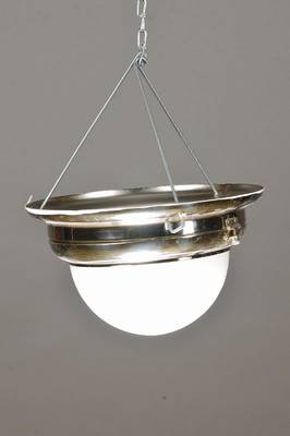 Vier Deckenleuchten, Entwurf Otto Wagner, um 1900, Ausführung 80er Jahre, Messing vernickelt, mundgeblasene Opalglasschirme, Elektrifizierung nicht ...