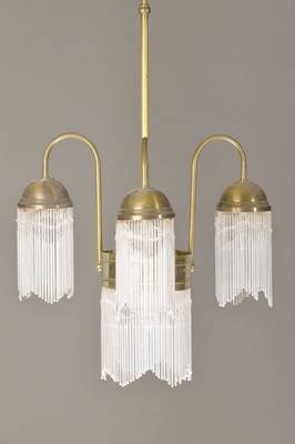 Deckenlampe, deutsch, 70er Jahre, Glasstabbehang, 3 Ausleger, insg. 4 Brennstellen, Messingmontur, Elektrifizierung nicht geprüft, H. ca. 75 cm, D. ...