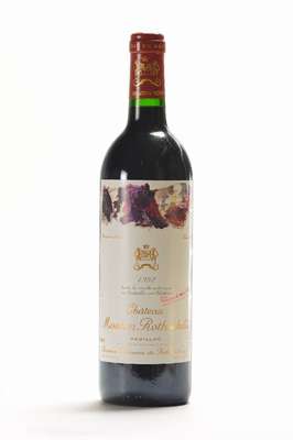 1 Flasche 1992 Chateau Mouton Rothschild, Pauillac, Premier Cru Classe, Künstleretikett: Kirkeby, ca. 12,5 % Vol., ca. 75 cl, Füllstand: ca. high ...