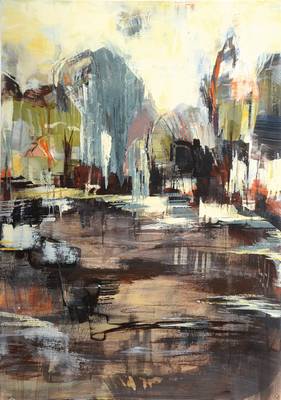 Zeitgenössische Pfälzer Künstlerin, Teichlandschaft, Acryl/ Mischtechnik/Papier, monogrammiert S.J., Ausschnitt ca. 58x41 cm, Rahmen 70x50 cm, ...