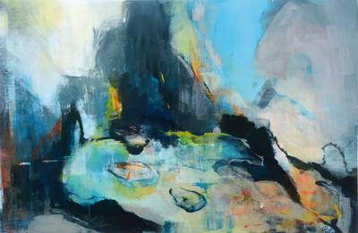 Zeitgenössische Künstlerin, Teichlandschaft, Acryl auf Papier, monogr. R.S., Ausschnitt ca. 41x62 cm, Rahmen 60x80 cm, unter Glas