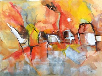 Zeitgenössische Künstlerin, Dorflandschaft, Acryl/Mischtechnik auf Papier, monogr. R.S., PP, ca. 35x47 cm, Rahmen 60x50 cm, unter Glas