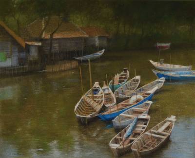 S. Sorentoro, Jakarta, zeitgenössischer Indonesischer Maler, in Bali in Ausstellungen vertreten, hier: lichtdurchflutete Flußlandschaft mit Booten, ...