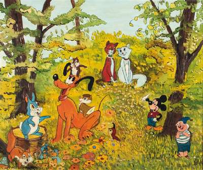 Monogrammist 60/70er Jahre, Walt-Disney-Motive, Öl/Malkarton, monogr. ca. 54 x 65 cm,