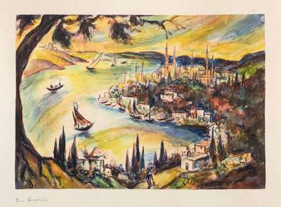 Thea Schleusner, 1879 Wittenberg-1961 Berlin, Am Bosporus, Gouache auf Papier, li. unten sign., ca. 29x41cm, unter Glas, Rahmen