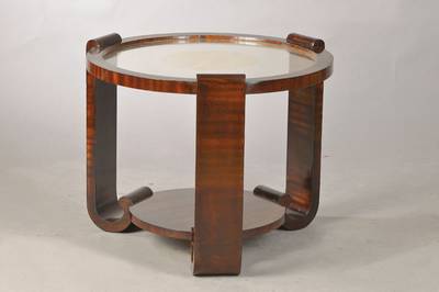Beistelltisch, Frankreich, 25/30er Jahre, mit Glasplatte u. orig. Verspiegelung, Palisander massiv u. furniert, 3 säulenartige beine mit furnierter ...